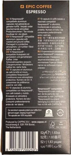 100 Capsules Epic Coffee - Espresso - Nespresso® Compatible Aluminium Capsules - RFA Keurmerk - Doos 100 Stuks -Bekend Koffie Winkel 556x1200