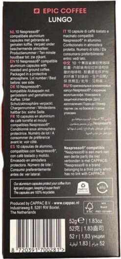 100 Capsules Epic Coffee - Lungo - Nespresso® Compatible Aluminium Capsules - RFA Keurmerk - Doos 100 Stuks -Bekend Koffie Winkel 560x1200